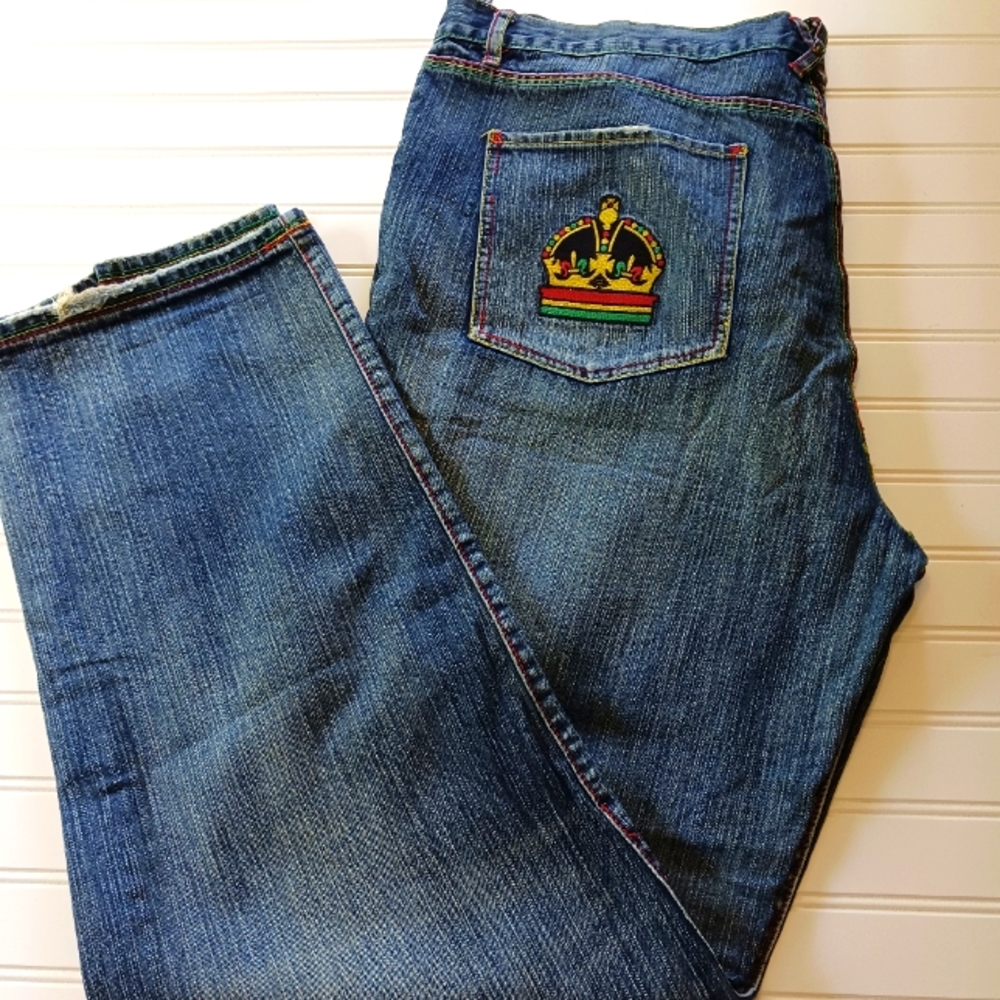LRG Mens Jeans 42x34 Baggy Lifted Research Group Blue Distressed King of Kings